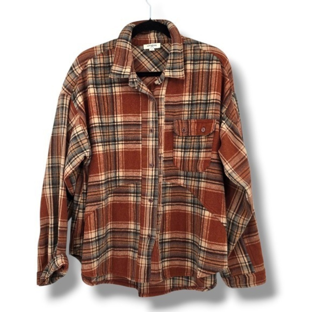Umgee USA Womens Plaid Flannel Shirt Oversized Casual Long Sleeve Medium